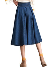 Load image into Gallery viewer, Tanming Women's Casual Vintage Elastic Waist Flared Pleated Midi Denim Jean Skirt (Large, Blue)