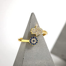 Load image into Gallery viewer, SLOONG Evil Eye Hamsa Hand Ring 14k Gold Plated Third Eye White Zircon Gemstone Blue Cz for Womens (Gold)