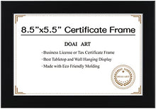 Load image into Gallery viewer, DOAI ART 8.5 x 5.5 Business License Frame Black, Professionals 5.5 x 8.5 Certificate Frames Fit Diploma, Document and Tax Certificate Self Standing with Wall Hangers