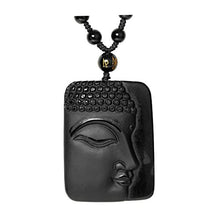 Load image into Gallery viewer, Top Plaza Hand Carved Natural Genuine Obsidian Talisman Patron Saint Buddha Head Pendant Adjustable Woven Rope Beads Necklace Amulet Hanging Ornament #2