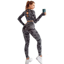 Load image into Gallery viewer, MANON ROSA Workout Sets Women 2 Piece Legging Long Sleeve Crop Top Yoga Active Clothes Camouflage Gray Medium