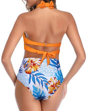 Load image into Gallery viewer, Tempt Me Women's Vintage Swimsuits Orange Blue Floral Retro Halter Ruched High Waist Bikini with Bottom XL