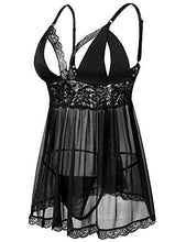 Load image into Gallery viewer, Donnalla Women's Sexy Plus Size Lingerie - Split Cup Lace Babydoll Sleepwear Chemise Set (Solid Black, 4XL)