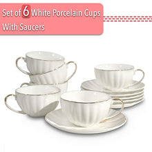 Load image into Gallery viewer, BTaT- Tea Cups and Saucers, Set of 6 (7 oz) with Gold Trim and Gift Box, Cappuccino Cups, Coffee Cups, White Tea Cup Set, British Coffee Cups, Porcelain Tea Set, Latte Cups, Espresso Mug, White Cup