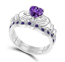 Load image into Gallery viewer, DS Jewels 14k Gold Plated Alloy Claddagh Bridal Set Ring 1.00 ctw Heart Cut CZ Amethyst & Cubic Zirconia Curved Wedding Band & Crown Engagement Ring Size 4 to 11