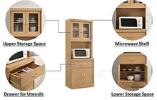Load image into Gallery viewer, Hodedah Long Standing Kitchen Cabinet with Top & Bottom Enclosed Cabinet Space, One Drawer, Large Open Space for Microwave, Beech