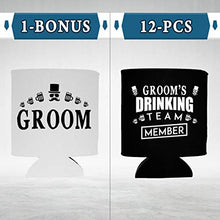 Load image into Gallery viewer, Shop4Ever Groom and Groom’s Drinking Team Member Can Coolie ~ Wedding Bachelor Party Beer Can Sleeve Coolers ~ (Member, Blk, 12 Pk)
