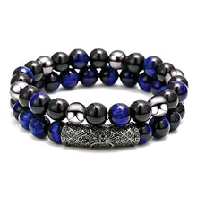 Load image into Gallery viewer, 2Pcs Triple Protection Bracelet,Natural Tigers Eye Black Obsidian and Hematite 8 MM Beads Bracelet for Men Women Gift, Healing Crystal Bracelet Bring Luck and Prosperity and Happiness (Blue)