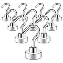 Load image into Gallery viewer, Neosmuk Magnetic Hooks, 22 lb+ Heavy Duty Earth Magnets with Hook for Refrigerator, Extra Strong Cruise Hook for Hanging, Magnetic Hanger for Curtain, Grill (Silver White, Pack of 10)