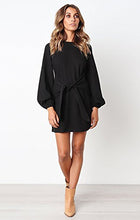 Load image into Gallery viewer, PRETTYGARDEN Women’s Elegant Long Sleeve Short Dress Crewneck Tie Waist Knit Cocktail Dress Black
