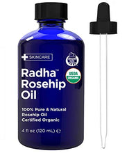 Load image into Gallery viewer, Radha Beauty Rosehip Oil USDA Certified Organic, 4 oz. - 100% Pure & Cold Pressed. All Natural Anti-Aging Moisturizing Treatment for Face, Hair, Skin & Nails, Acne Scars, Wrinkles, Dry Spots