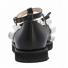 Load image into Gallery viewer, 100FIXEO Women Fashion Flats Heel Bow Rivet Buckle Strap Platform Ruffles Round Toe Elegant Mary Janes Shoes (Black, 8.5)
