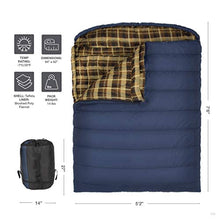 Load image into Gallery viewer, TETON Sports Mammoth +20F Queen-Size Double Sleeping Bag; Warm and Comfortable for Family Camping , Blue Taffeta, 94" x 62"