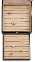 Load image into Gallery viewer, Glenor Co Ring Organizer Box - 108 Slot Classic Jewelry Display Holder - 2 Storage Trays with Modern Buckle Closure, Large Mirror - Holds Rings and Cufflinks - PU Leather Case - Black