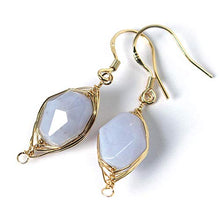 Load image into Gallery viewer, Natural Stone Wire Wrap Dangle Drop Earrings 14K Yellow Gold Plated 925 Sterling Silver Hook/Blue Lace Agate Cut 12mm