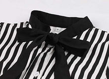 Load image into Gallery viewer, Wellwits Women's Stripes Print Tie Neck Pocket Vintage Button Down Shirt Dress M Black