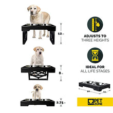 Load image into Gallery viewer, Pet Zone Designer Diner Adjustable Elevated Dog Bowls - Adjusts to 3 Heights, 2.75”, 8", & 12'' (Raised Dog Dish with Double Stainless Steel Bowls) Black