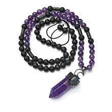 Load image into Gallery viewer, Top Plaza Natural Stone Healing Crystal Amethyst Hexagonal Pointed Gemstone Pendant Necklace Crescent Moon Jewelry Adjustable Lava Rock Beads Necklaces for Women Men