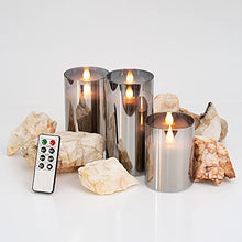 Load image into Gallery viewer, WYZworks Silver Gray Metallic LED Tinted Glass Mirrored Flickering Flameless Pillar Candles, Set of 3 w/Remote Control, Timer, Realistic Flicker/Static Mode, Battery Operated, Adjustable Brightness