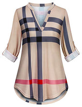 Load image into Gallery viewer, Plaid Tunic,Viracy Women Shirts for Leggings 3/4 Roll Sleeve Blouses V Neck Loose Pattern Dressy Henleys Business Casual Top Easy Fit Flowy Aline Pullover Soft Surroundings Beige 2XL