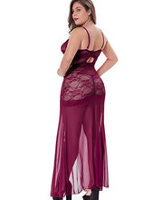 Load image into Gallery viewer, LINGERLOVE Women's Plus Size Lingerie Sexy Split Maxi Long Gown Sheer Dress (Burgundy, Plus Size)