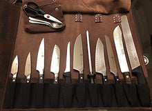 Load image into Gallery viewer, Rustic Town Leather Knife Roll Storage Bag | Elastic and Expandable 11 Pockets with Tool Pouch | Adjustable/Detachable Shoulder Strap | Travel-Friendly Chef Knife Case Roll (Walnut Brown)