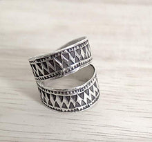 Load image into Gallery viewer, Sterling Silver Ethnic Boho Wide Band Ring, Handmade Tribal Gypsy Adjustable wrap around ring With Geometric Engraving, fit as Thumb Ring, Gift for Her