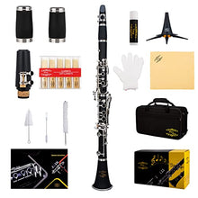 Load image into Gallery viewer, Glory Clarinet GLY-PBK Professional Ebonite Bb Clarinet with 10 Reeds, Stand, Hard Case, Cleaning Cloth, Cork Grease, Mouthpiece Brush and Pad Brush, Black