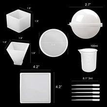 Load image into Gallery viewer, Silicone Resin Molds 5Pcs Resin Casting Molds Including Sphere, Cube, Pyramid, Square, Round with 1 Measuring Cup & 5 Plastic Transfer Pipettes for Resin Epoxy, Candle Wax, Soap, Bowl Mat etc