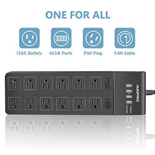 Load image into Gallery viewer, Power Strip Flat Plug, AUOPRO 12 Outlet Surge Protector with 4 USB, Grounded Desktop Extension Cord, 1050J, Dual Switch, Wall Mountable, 9.8 ft Long Cable for Computer Garage Workshop Home Office