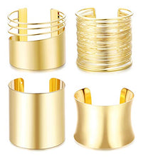 Load image into Gallery viewer, CASSIECA 4 Pcs Cuff Bangle Bracelet Set for Women Smooth Open Wide Wire Grooved Bracelets Adjustable Gold Sliver-Tone Plated Fashion Jewelry