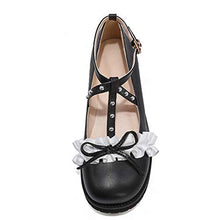 Load image into Gallery viewer, 100FIXEO Women Fashion Flats Heel Bow Rivet Buckle Strap Platform Ruffles Round Toe Elegant Mary Janes Shoes (Black, 8.5)