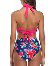 Load image into Gallery viewer, Tempt Me Women's Vintage Swimsuits Rose Red Retro Halter Ruched High Waist Bikini with Bottom M