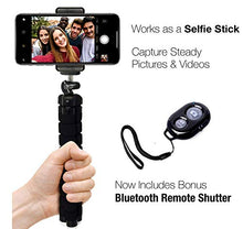 Load image into Gallery viewer, Phone Tripod, Portable and Adjustable Camera Stand Holder with Bluetooth Remote and Universal Clip for Any Smartphone, Cellphone, Phone, Android, Camera, GoPro (Black, 8")