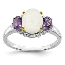 Load image into Gallery viewer, 925 Sterling Silver 14k True Two Tone Yellow Gold Opal Purple Amethyst Band Ring Size 7.00 Stone Gemstone Fine Jewelry For Women Gifts For Her