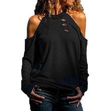Load image into Gallery viewer, Wave Cold Shoulder Ripped Sleeve T-Shirt Women Sexy Ripped Long Sleeve T-Shirt Solid Color Loose Top Black M