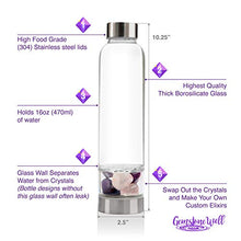 Load image into Gallery viewer, Crystal Water Bottle Elixir Set | Includes Authentic Amethyst & Clear Quartz Crystals And Healing Stones | Black Neoprene Sleeve | Drink Gem Infused Water On The Go