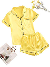 Load image into Gallery viewer, DIDK Women's Pocket Contrast Binding Satin Button Up Pajama Set Yellow L