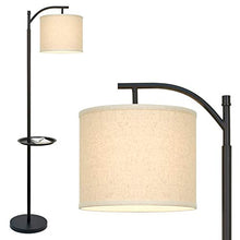 Load image into Gallery viewer, Kira Home York 63" Minimalist Tray LED Floor Lamp (7W LED, Energy Efficient/Eco-Friendly) + Honey Beige Shade - Modern Standing Arc Light with Hanging Lamp Shade, Black Finish