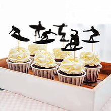 Load image into Gallery viewer, Ercadio 24 Pack Surfing Cupcake Toppers Black Glitter Surfboard Sport Cupcake Picks Surf Theme Baby Shower Kids Birthday Party Cake Decorations Supplies