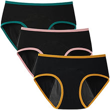 Load image into Gallery viewer, INNERSY Period Underwear for Teen Girls Cotton Leakproof Menstrual Panties 3 Pack(12-14 Years, 3 Black with Contrasting Hem)