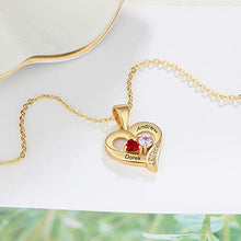 Load image into Gallery viewer, Love Jewelry Personalized 2 Names Necklace with 2 Heart Simulated Birthstone Couple Pendant Necklace for Women (Gold)