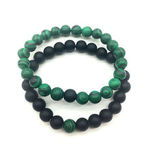 Load image into Gallery viewer, Set of 2 Womens Mens 8mm Handmade Couples Distance Beads Bracelets Friendship Couple Jewelry Round Energy Stone Beads Gemstone Beaded for Valentine Birthday (Malachite Stone & Black Matte Agate)