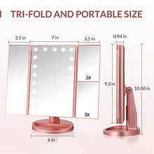 Load image into Gallery viewer, EASEHOLD Makeup Vanity Mirror with 2X 3X Magnifying Dimmable 21 LED Lighted Desk Mirror Adjustable 180 Degree Rotation Touch Screen Dual Power Supply Countertop Portable Tri-Fold Mirror