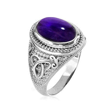 Load image into Gallery viewer, Sterling Silver Celtic Purple Amethyst Cabochon February Birthstone Ring (11)