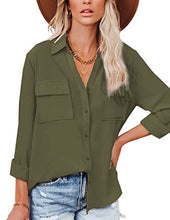 Load image into Gallery viewer, Hotouch Womens V Neck Button Down Blouse Long Sleeve Shirts Summer Gauzy Shirts Plain Tops Military Green S