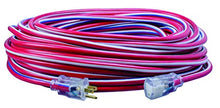 Load image into Gallery viewer, Southwire 2549 100-Feet, Contractor Grade, 12/3, Lighted End Red White and Blue, American Made, Indoor and Outdoor Use, Water Resistant Flexible Jacket Extension Cord