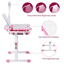 Load image into Gallery viewer, POTBY Kids Desk and Chair Set, Height Adjustable Children Study Table with Wood Tiltable Anti-Reflective Tabletop, Bookstand, Pull-Out Drawer Storage and Touch Led for School Students (Pink)