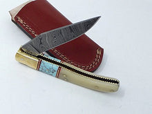 Load image into Gallery viewer, Damascus Knives Laguiole Style Pocket Knife White Bone & Turquoise Handle With Leather Sheath Made in Ancient Persian Indus Valley