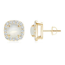 Load image into Gallery viewer, June Birthstone - Claw-Set Moonstone and Diamond Cushion Halo Stud Earrings in 14K Yellow Gold (7mm Moonstone)